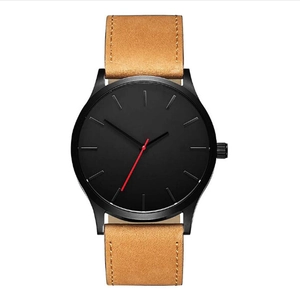 Minimalist men's business watch with a black matte dial and light brown suede strap
