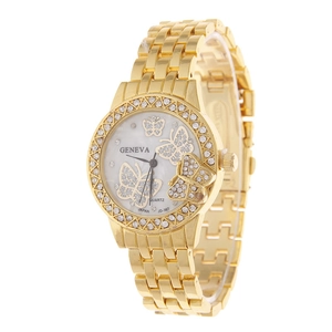 Montre dorée Geneva avec cadran papillon en strass et lunette ornée de cristaux