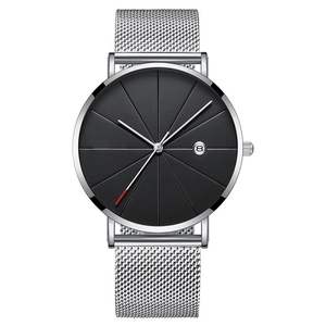 Minimalist silver mesh strap watch with black geometric dial and date window display