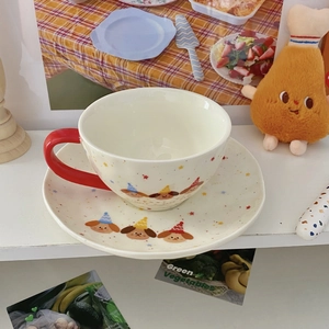 Ceramic cup and saucer set with colorful stars and cute party dog illustration