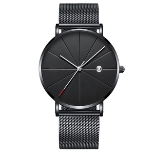 Minimalist matte black quartz watch with Milanese mesh strap and date window
