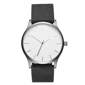 Minimalist quartz watch featuring a large white dial with silver case and black leather strap