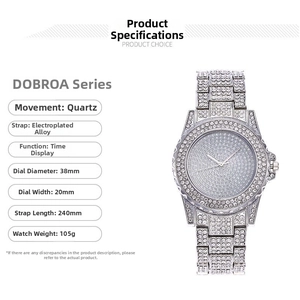 Detail showing 38mm dial diameter and 240mm strap length of silver rhinestone watch