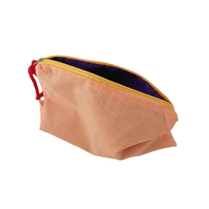 Large capacity orange checkered makeup bag with purple lining and yellow zipper closure