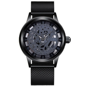 Sleek black quartz watch with skeleton gear dial and Milanese mesh steel strap