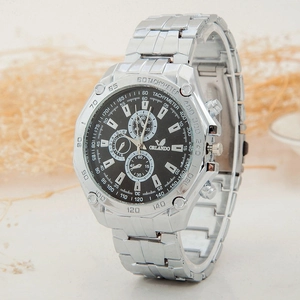 Detail of silver steel watch with black dial and three-eye decorative chronographs
