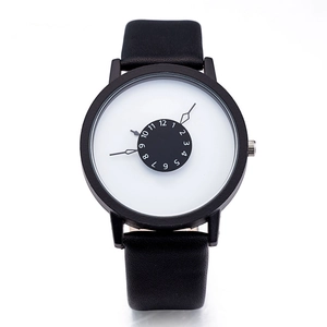 Minimalist quartz couple watch with unique black hands and white dial on black leather strap