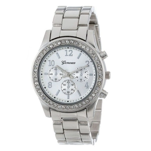 Damenuhr in Silber mit Genfer-Stil, weißem Zifferblatt und glitzernder Diamant-Lünette