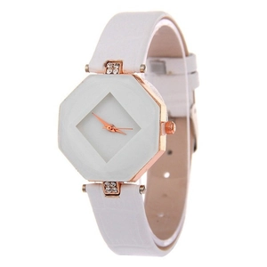Elegant women's quartz watch with octagonal dial and white leather strap on white background