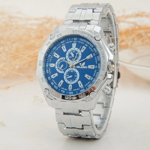 Orlando silver metal watch with blue textured dial and tachymeter bezel for men