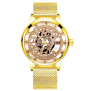 Fashion Quartz Watch With Skeleton Design Stainless Steel Mesh Strap Roman Numeral Dial Business Style For Women Men