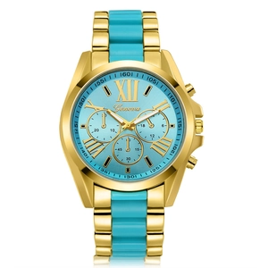 Geneva women's gold steel watch with sky blue dial and Roman numerals main view