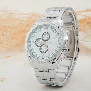 Detail of Orlando silver stainless steel watch with white multi-dial and tachymeter bezel