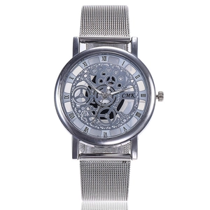 CMK silver hollow dial watch with mesh band and black Roman numeral markers