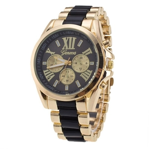 Geneva women's quartz watch with gold alloy case and black silicone strap on white background