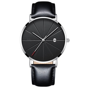 Montre à quartz pour hommes avec bracelet en cuir noir et cadran géométrique épuré