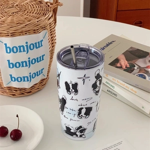 Detailed top view of white stainless steel tumbler with cute dog patterns and clear lid