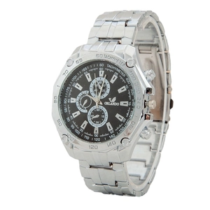 Orlando silver steel watch with black three-dial decorative face and tachymeter bezel