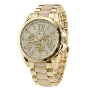 Geneva women's quartz watch with gold alloy strap, Roman numerals and three-eye dial