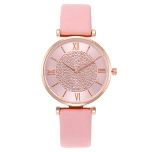 Montre quartz pour femme avec bracelet en cuir rose et cadran scintillant en or rose