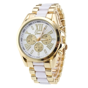 Fashionable Geneva quartz watch with two-tone gold and white metal strap for women