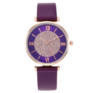 Montre quartz femme avec bracelet en cuir violet, boîtier or rose et cadran strass