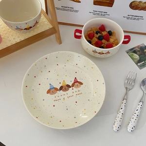 Cute Korean dalmatian dog ceramic tableware set with plates, bowls and cutlery