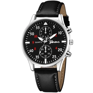 Macro detail of men's ultra-thin quartz watch with black leather strap and silver case