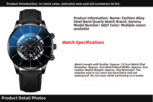 Detailed specs of men's business quartz watch with black leather strap and blue markers