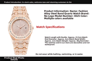 Detail view of gold luxury watch with rhinestone dial and 4cm case diameter dimensions