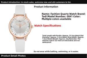 Détails de la montre femme Tadi avec cadran 3D à texture soleil et bracelet en cuir blanc