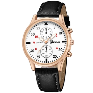 Classic men's quartz watch with rose gold case, white dial and black leather strap