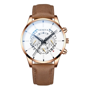 Macro view of white business watch dial with three sub-dials and brown leather strap