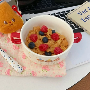 Detail of ceramic dog bowl with red handles featuring fruit cereal and floral spoon