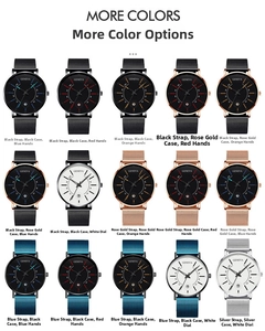 Multiple colors of minimalist quartz watches with stainless steel mesh bands and calendars