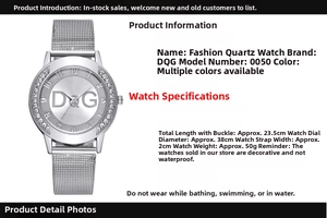 Detail view of silver mesh band quartz watch with rhinestones and technical specs