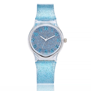 Chic clear silicone strap quartz watch with sparkling blue glitter dial for women