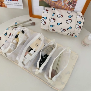 Detailed view of the 4-in-1 detachable cartoon travel makeup bag with mesh pockets