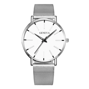Minimalist Geneva quartz watch with silver mesh strap and white dial for men