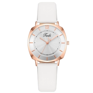 Square women's quartz watch with rose gold case, radial dial pattern, and white leather strap