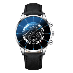 Macro shot of business quartz watch with blue dial, chronographs and black leather strap