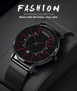 Detailed view of black quartz watch with red indices, calendar window and mesh strap