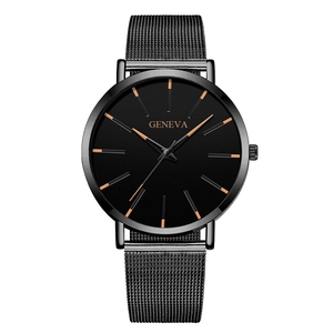 Minimalist black mesh band quartz watch with rose gold indices on a dark dial