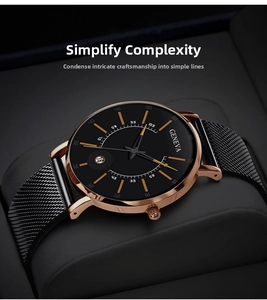 Detail of the black dial with calendar window and rose gold casing on mesh strap watch