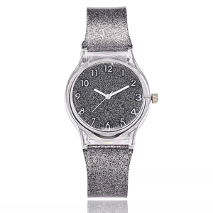 Minimalist quartz watch with transparent silicone strap and silver glitter starry dial