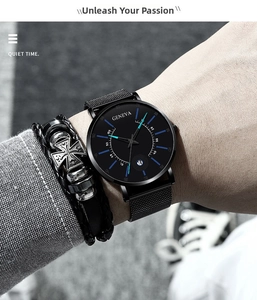 Men's minimalist watch with black mesh strap and beaded bracelets set with cross pendant