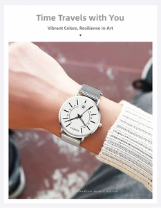 Detail of silver mesh band and minimalist white dial on a men's quartz watch