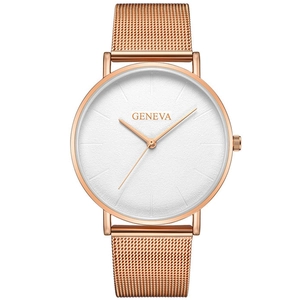 Montre à quartz élégante avec bracelet en maille or rose et cadran blanc pour hommes et femmes