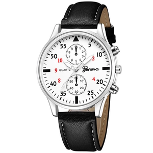 Detailed macro view of white dial quartz watch with black leather strap and stitching