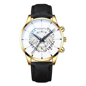 Macro detail of Geneva quartz watch showing gold case, white dial and three sub-dials